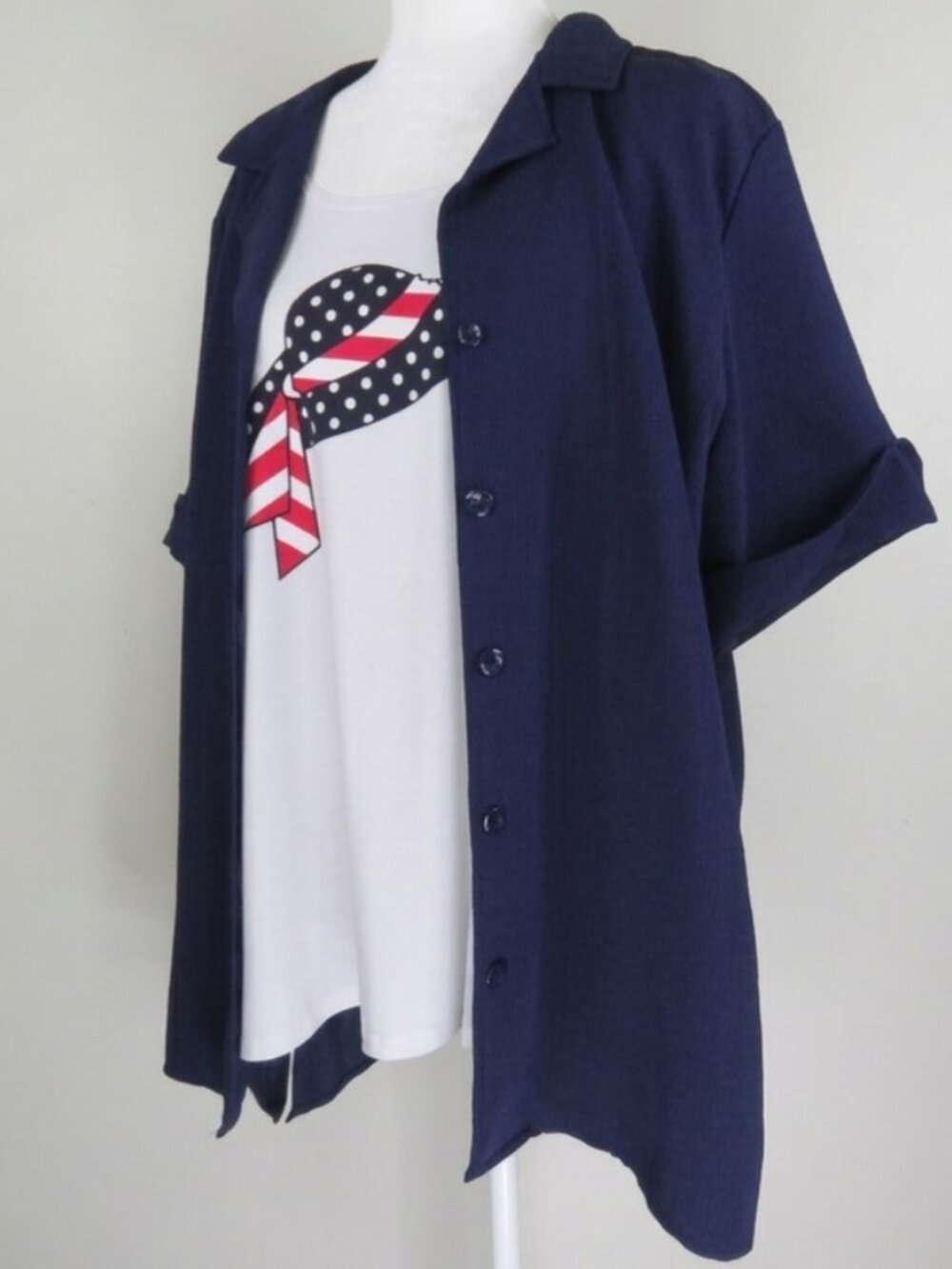 Kim Rogers Women's Blue Short-Sleeve Button-Up Faux 2 Piece Blouse Size XL C2146 - Picture 3 of 7